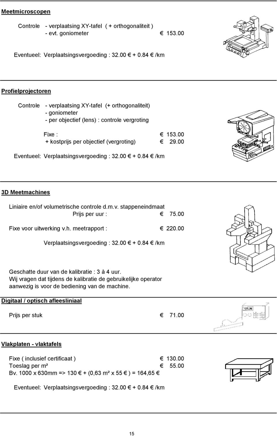 00 Eventueel: Verplaatsingsvergoeding : 32.00 + 0.84 /km 3D Meetmachines Liniaire en/of volumetrische controle d.m.v. stappeneindmaat Prijs per uur : 75.00 Fixe voor uitwerking v.h. meetrapport : 220.