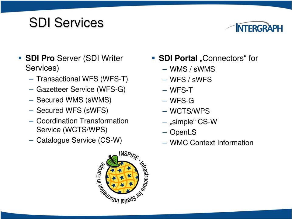 Transformation Service (WCTS/WPS) Catalogue Service (CS-W) SDI Portal Connectors