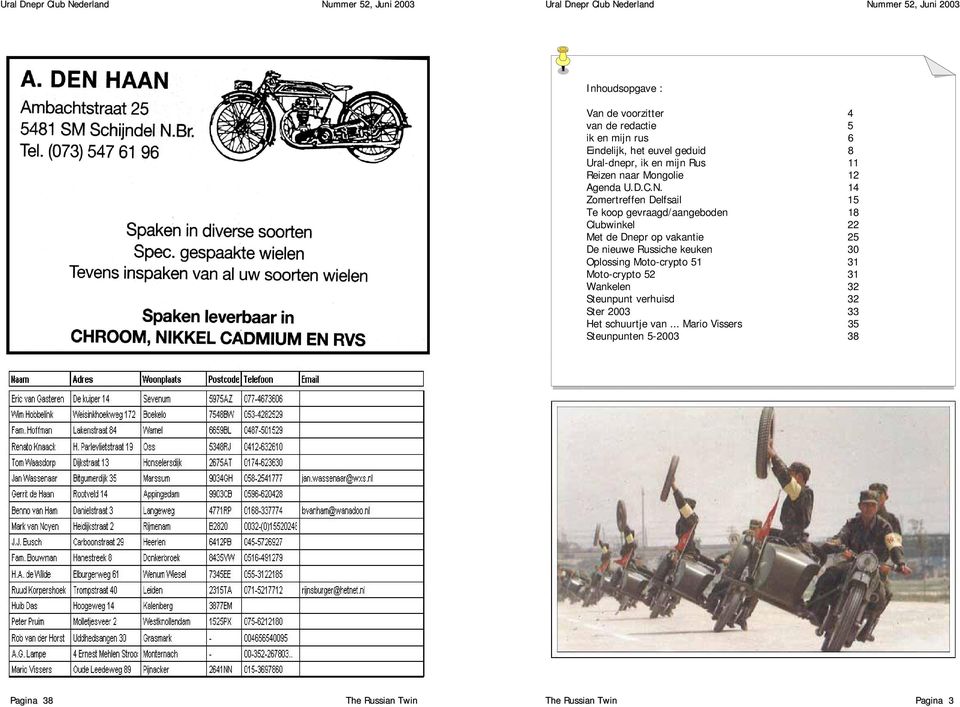 14 Zomertreffen Delfsail 15 Te koop gevraagd/aangeboden 18 Clubwinkel 22 Met de Dnepr op vakantie 25 De nieuwe Russiche keuken