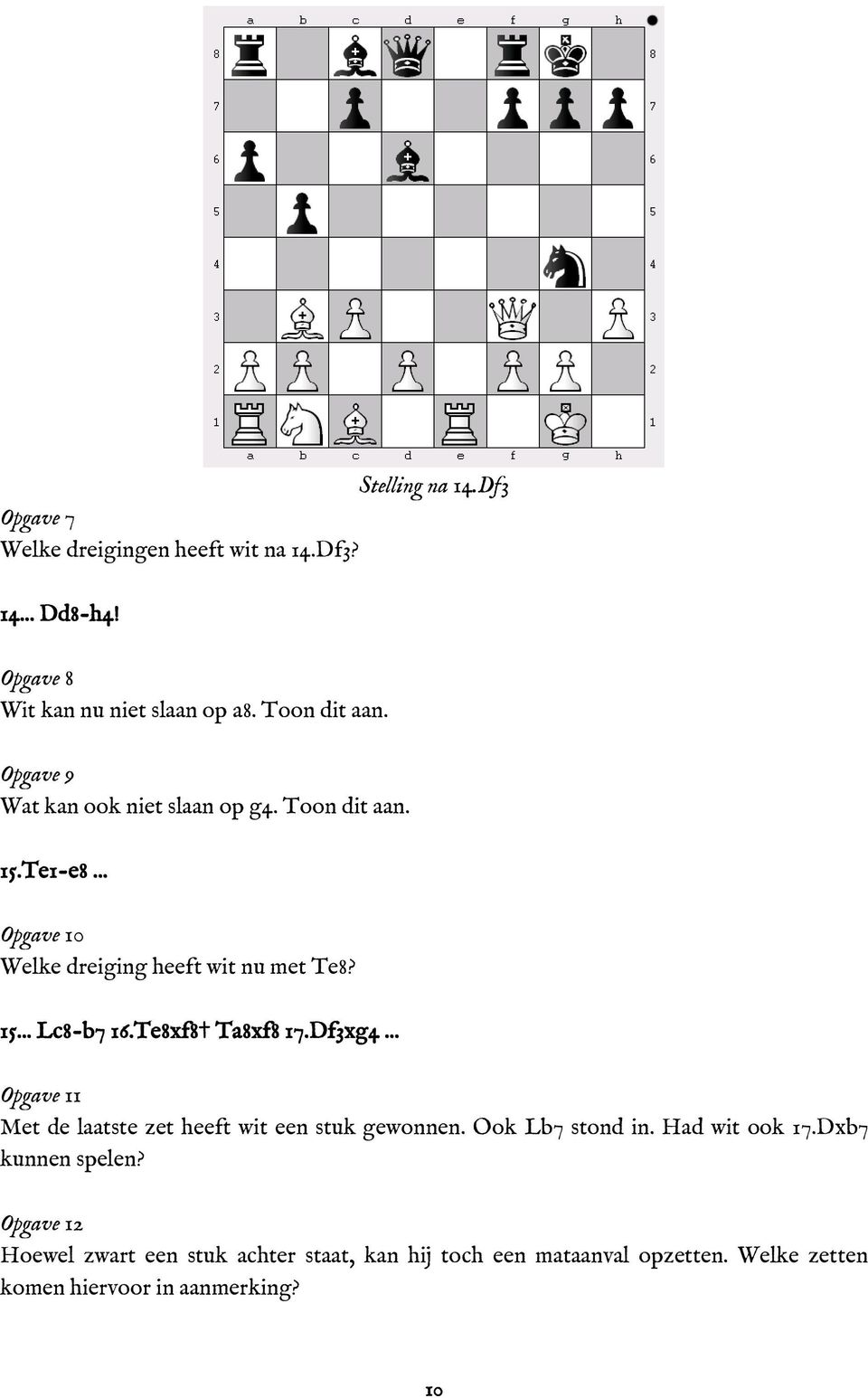 Te8xf8 Ta8xf8 17.Df3xg4... Opgave 11 Met de laatste zet heeft wit een stuk gewonnen. Ook Lb7 stond in. Had wit ook 17.