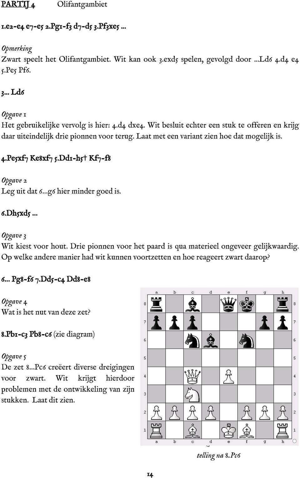 Dd1-h5 Kf7-f8 Opgave 2 Leg uit dat 6 g6 hier minder goed is. 6.Dh5xd5 Opgave 3 Wit kiest voor hout. Drie pionnen voor het paard is qua materieel ongeveer gelijkwaardig.