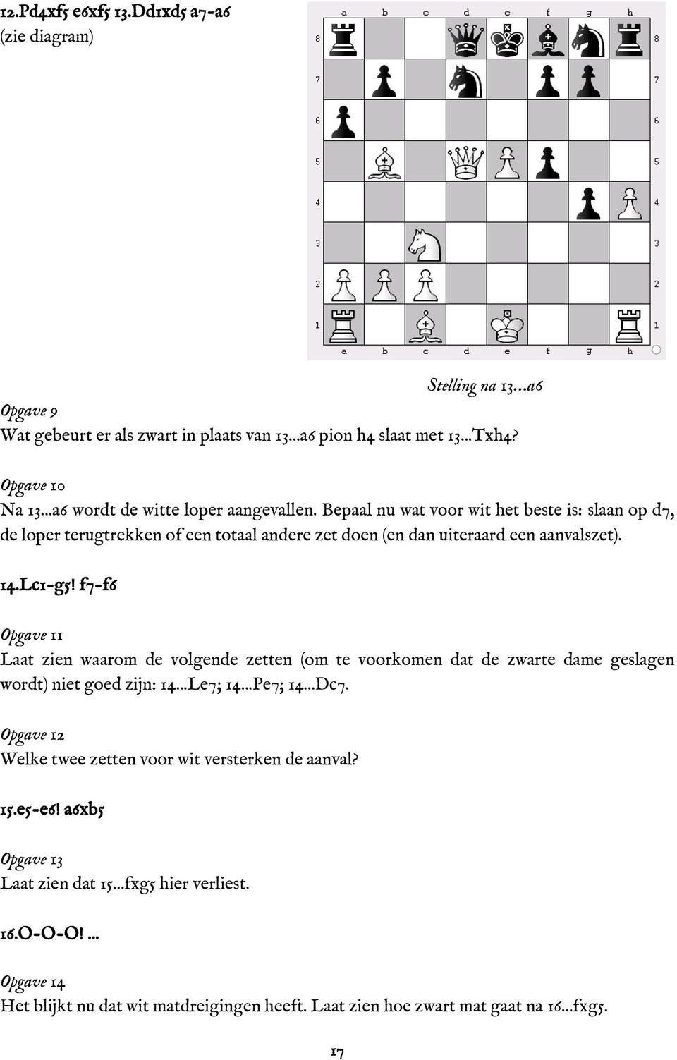 Lc1-g5! f7-f6 Opgave 11 Laat zien waarom de volgende zetten (om te voorkomen dat de zwarte dame geslagen wordt) niet goed zijn: 14...Le7; 14...Pe7; 14...Dc7.