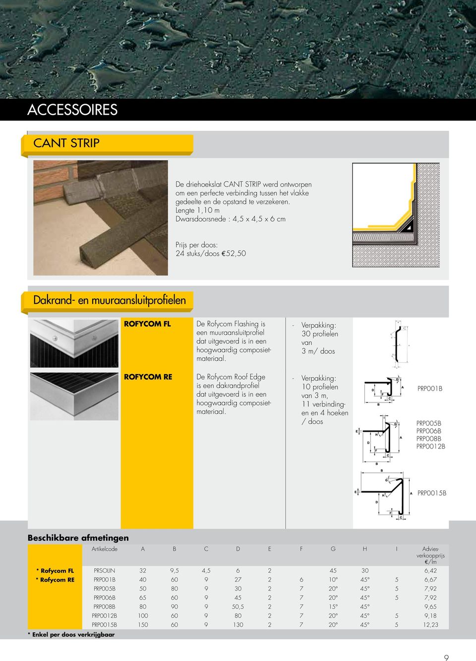 een hoogwaardig composietmateriaal. - Verpakking: 30 profielen van 3 m/ doos ROFYCOM RE De Rofycom Roof Edge is een dakrandprofiel dat uitgevoerd is in een hoogwaardig composietmateriaal.