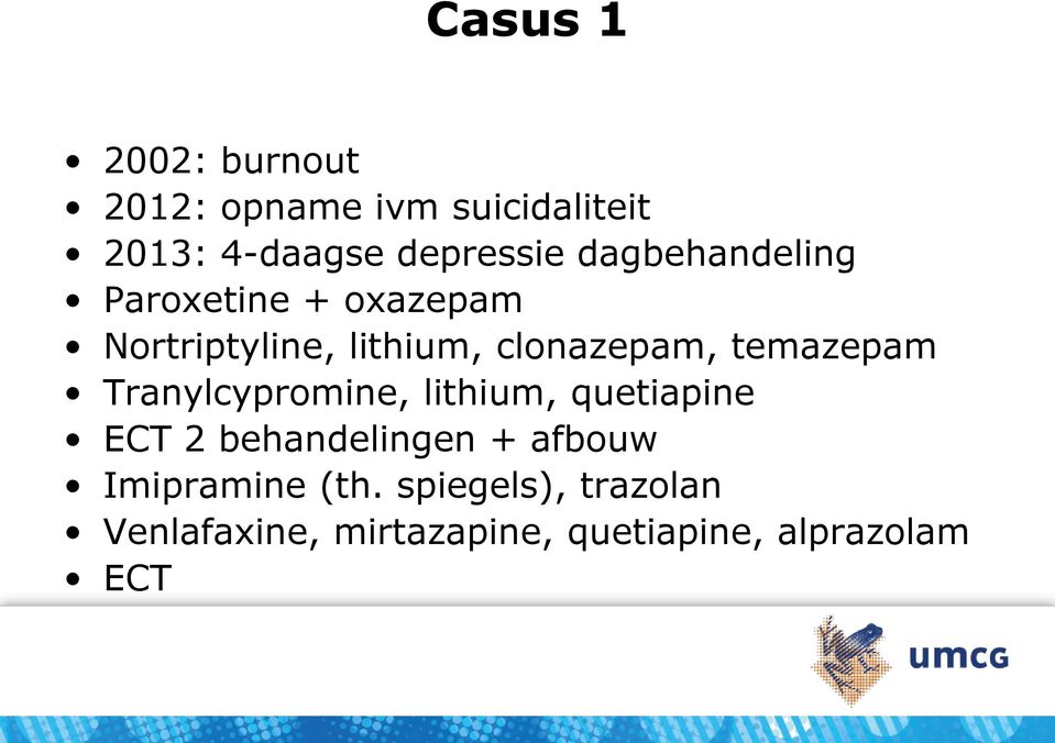 temazepam Tranylcypromine, lithium, quetiapine ECT 2 behandelingen + afbouw