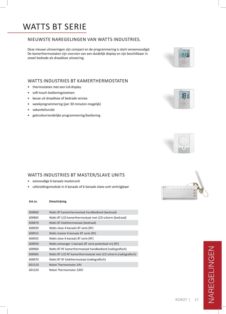 WATTS INDUSTRIES BT KAMERTHERMOSTATEN thermostaten met een lcd-display soft-touch bedieningstoetsen keuze uit draadloze of bedrade versies weekprograering (per 30 minuten mogelijk) vakantiefunctie