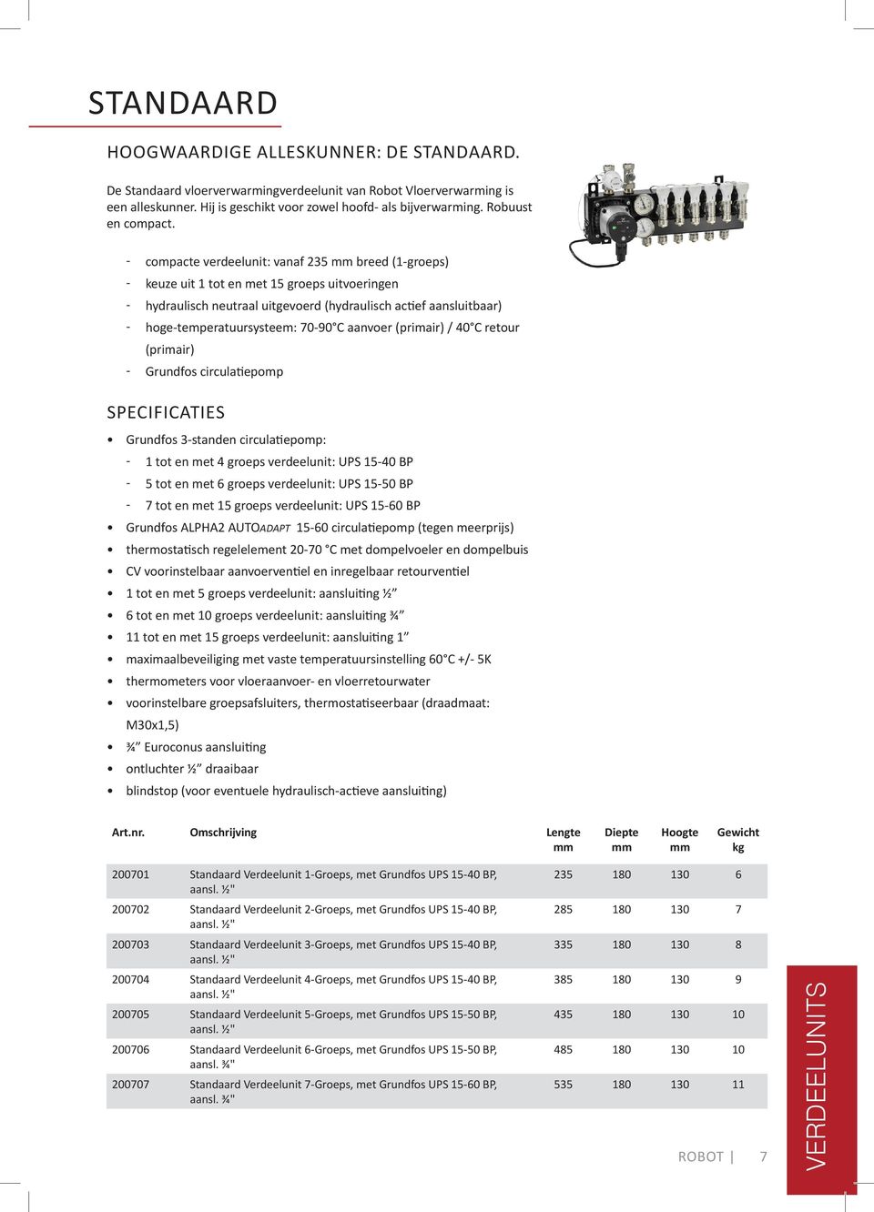 compacte verdeelunit: vanaf 235 breed (1-groeps) keuze uit 1 tot en met 15 groeps uitvoeringen hydraulisch neutraal uitgevoerd (hydraulisch actief aansluitbaar) hoge-temperatuursysteem: 70-90 C