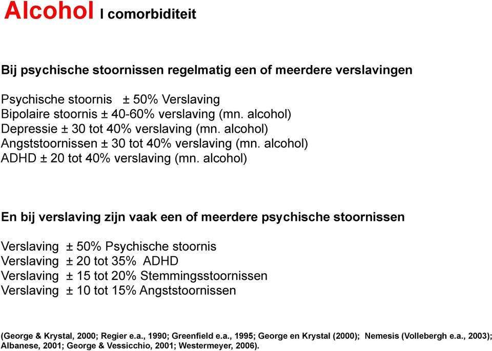 alcohol) En bij verslaving zijn vaak een of meerdere psychische stoornissen Verslaving ± 50% Psychische stoornis Verslaving ± 20 tot 35% ADHD Verslaving ± 15 tot 20%