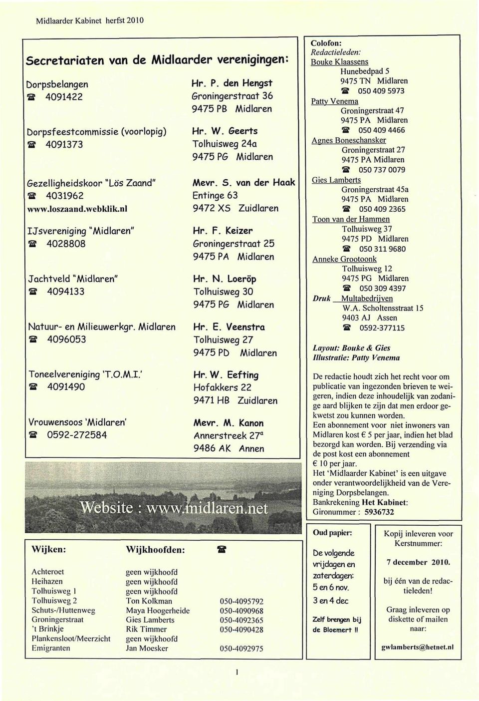 P. den Hengst Groningerstraat 36 9475 PB Midlaren Hr. W. Geerts Tolhuisweg 24a 9475 PG Midlaren Mevr. S. van der Haak Entinge 63 9472X5 Hr. F. Keizer Zuidlaren Groningerstraat 25 9475 PA Midlaren Hr.