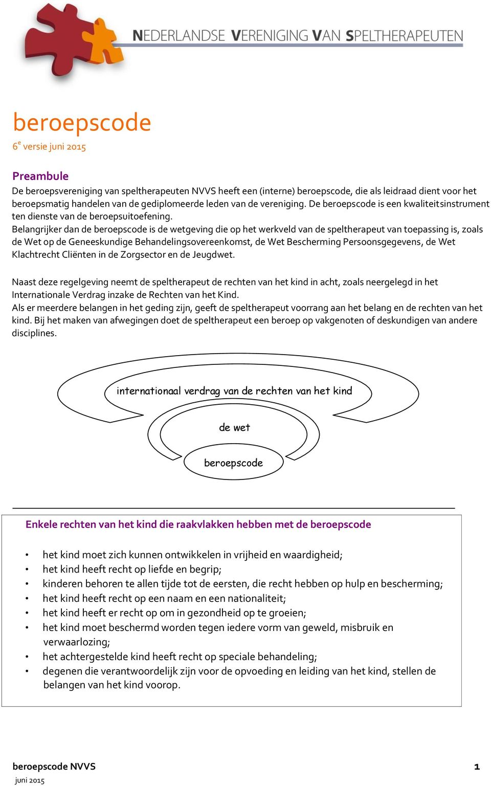 Belangrijker dan de beroepscode is de wetgeving die op het werkveld van de speltherapeut van toepassing is, zoals de Wet op de Geneeskundige Behandelingsovereenkomst, de Wet Bescherming