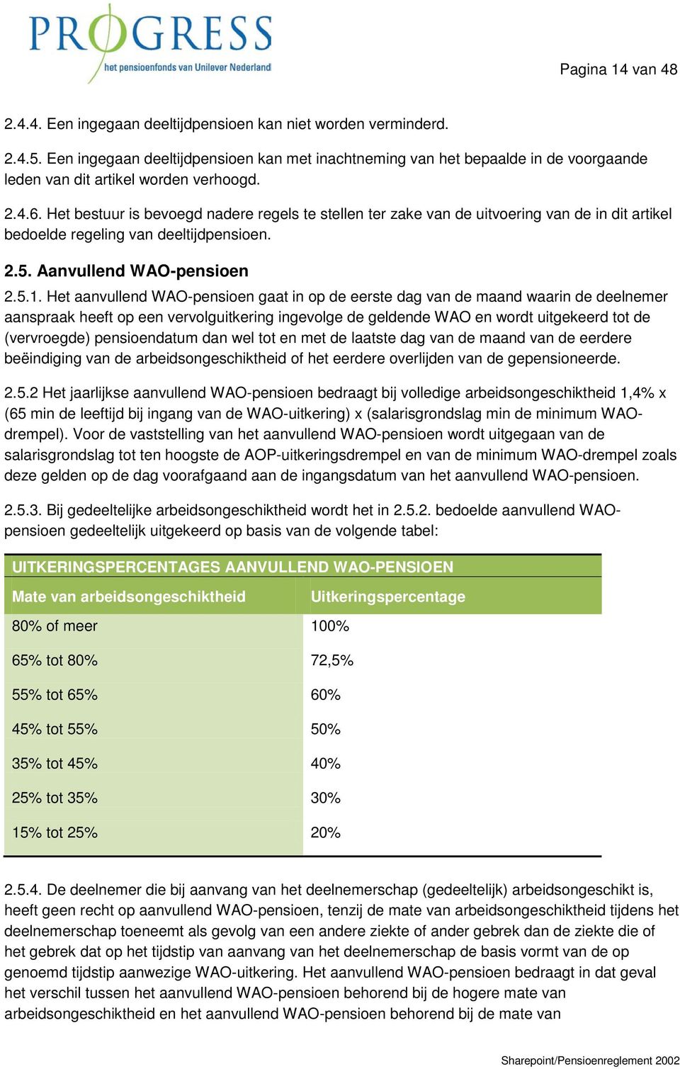 Het bestuur is bevoegd nadere regels te stellen ter zake van de uitvoering van de in dit artikel bedoelde regeling van deeltijdpensioen. 2.5. Aanvullend WAO-pensioen 2.5.1.