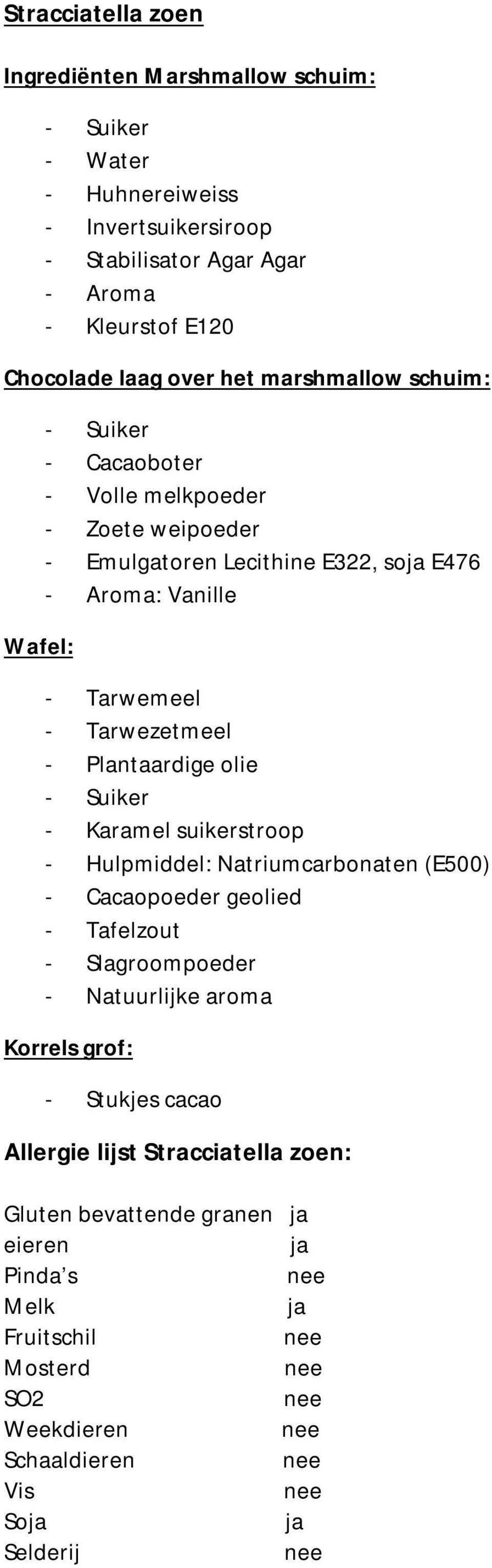 Plantaardige olie - Karamel suikerstroop - Hulpmiddel: Natriumcarbonaten (E500) - Cacaopoeder geolied - Tafelzout - Slagroompoeder Korrels grof: -