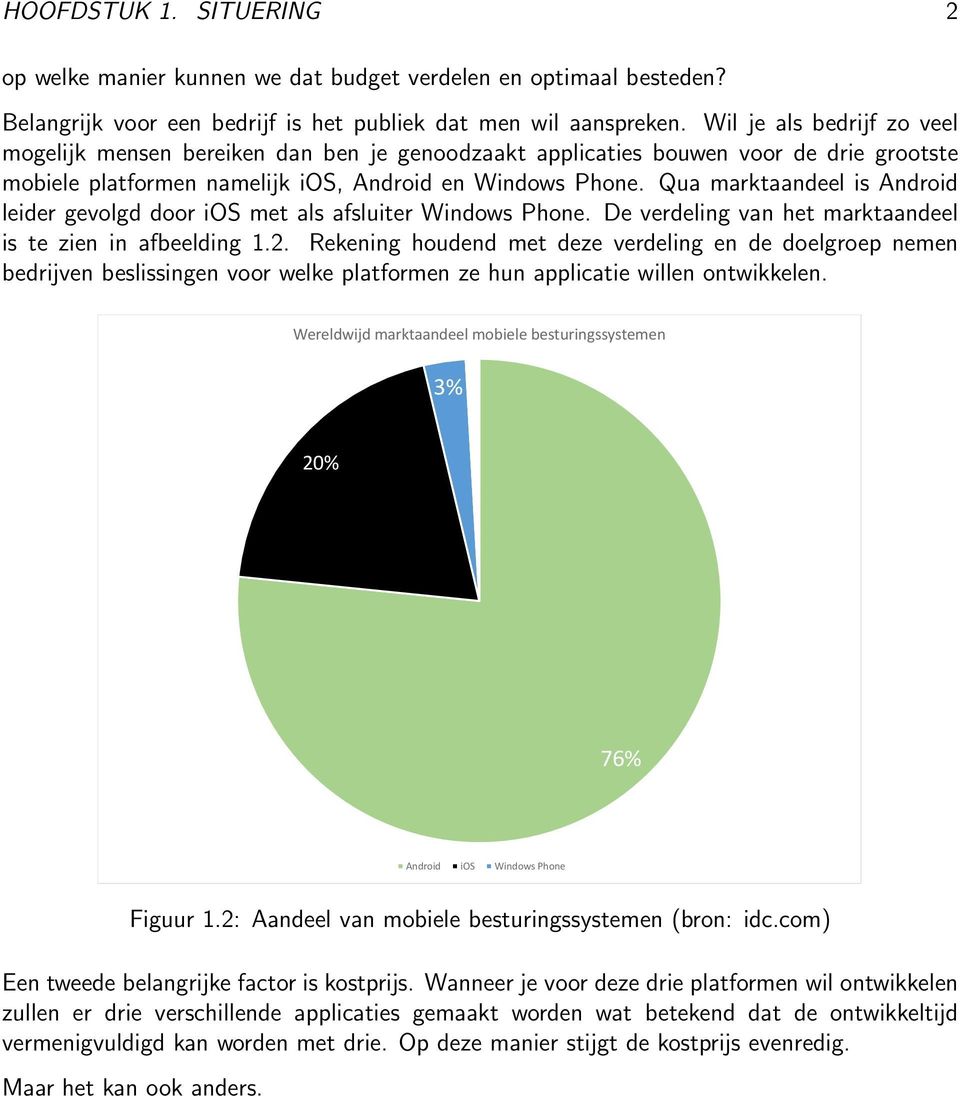 Qua marktaandeel is Android leider gevolgd door ios met als afsluiter Windows Phone. De verdeling van het marktaandeel is te zien in afbeelding 1.2.