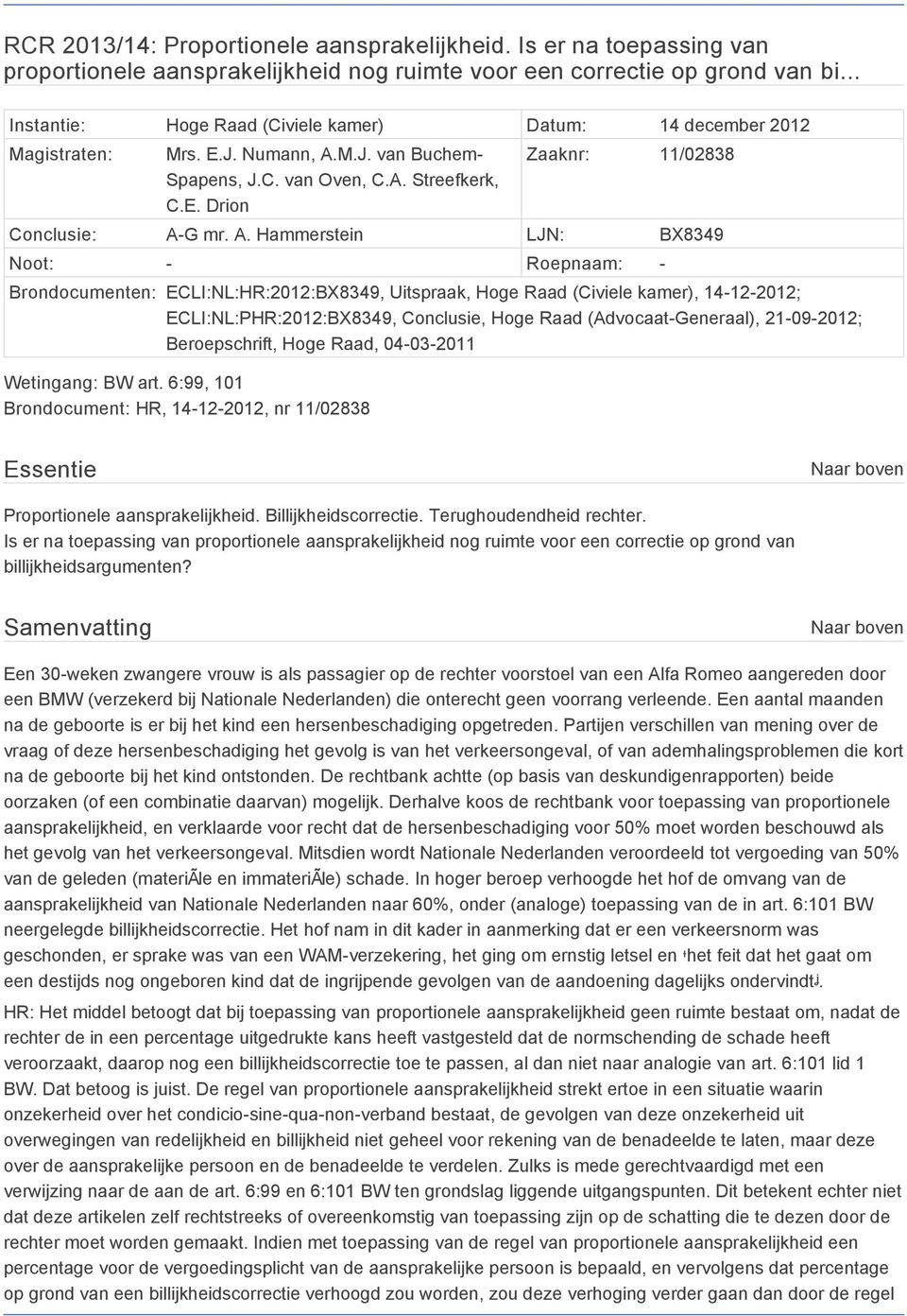 A. Hammerstein LJN: BX8349 Noot: - Roepnaam: - Brondocumenten: ECLI:NL:HR:2012:BX8349, Uitspraak, Hoge Raad (Civiele kamer), 14-12-2012; ECLI:NL:PHR:2012:BX8349, Conclusie, Hoge Raad