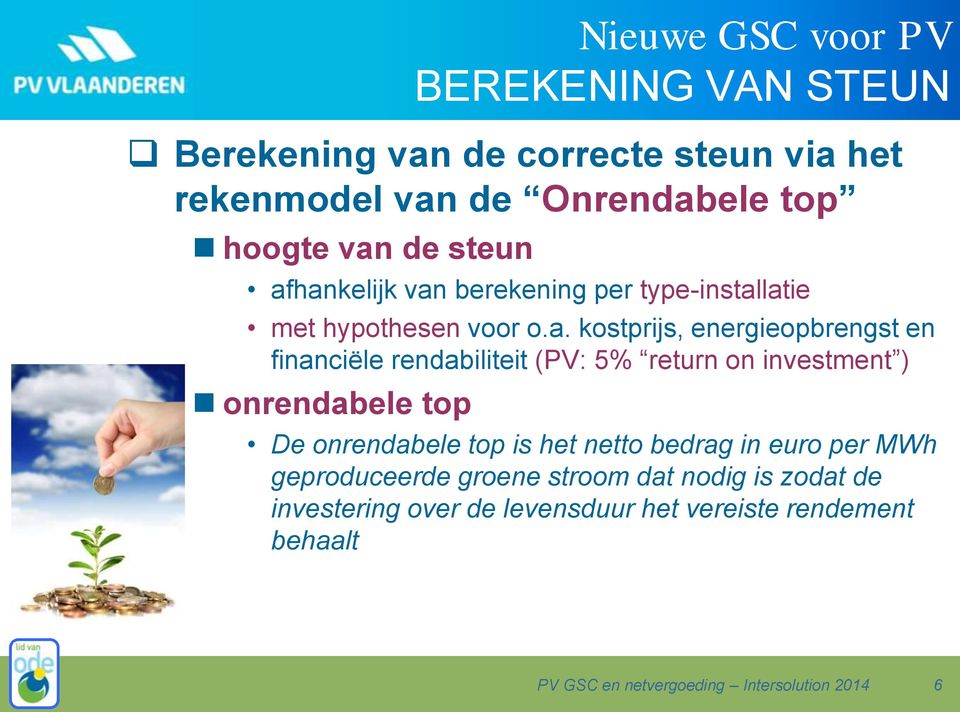 hankelijk van berekening per type-installatie met hypothesen voor o.a. kostprijs, energieopbrengst en financiële rendabiliteit