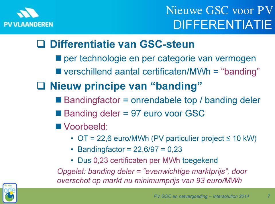 Voorbeeld: OT = 22,6 euro/mwh (PV particulier project 10 kw) Bandingfactor = 22,6/97 = 0,23 Dus 0,23 certificaten per MWh toegekend