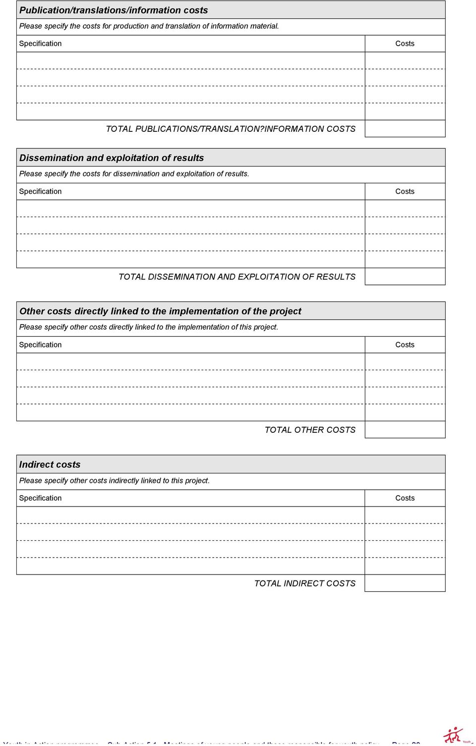 Specification Costs TOTAL DISSEMINATION AND EXPLOITATION OF RESULTS Other costs directly linked to the implementation of the project Please specify other costs directly linked to the implementation