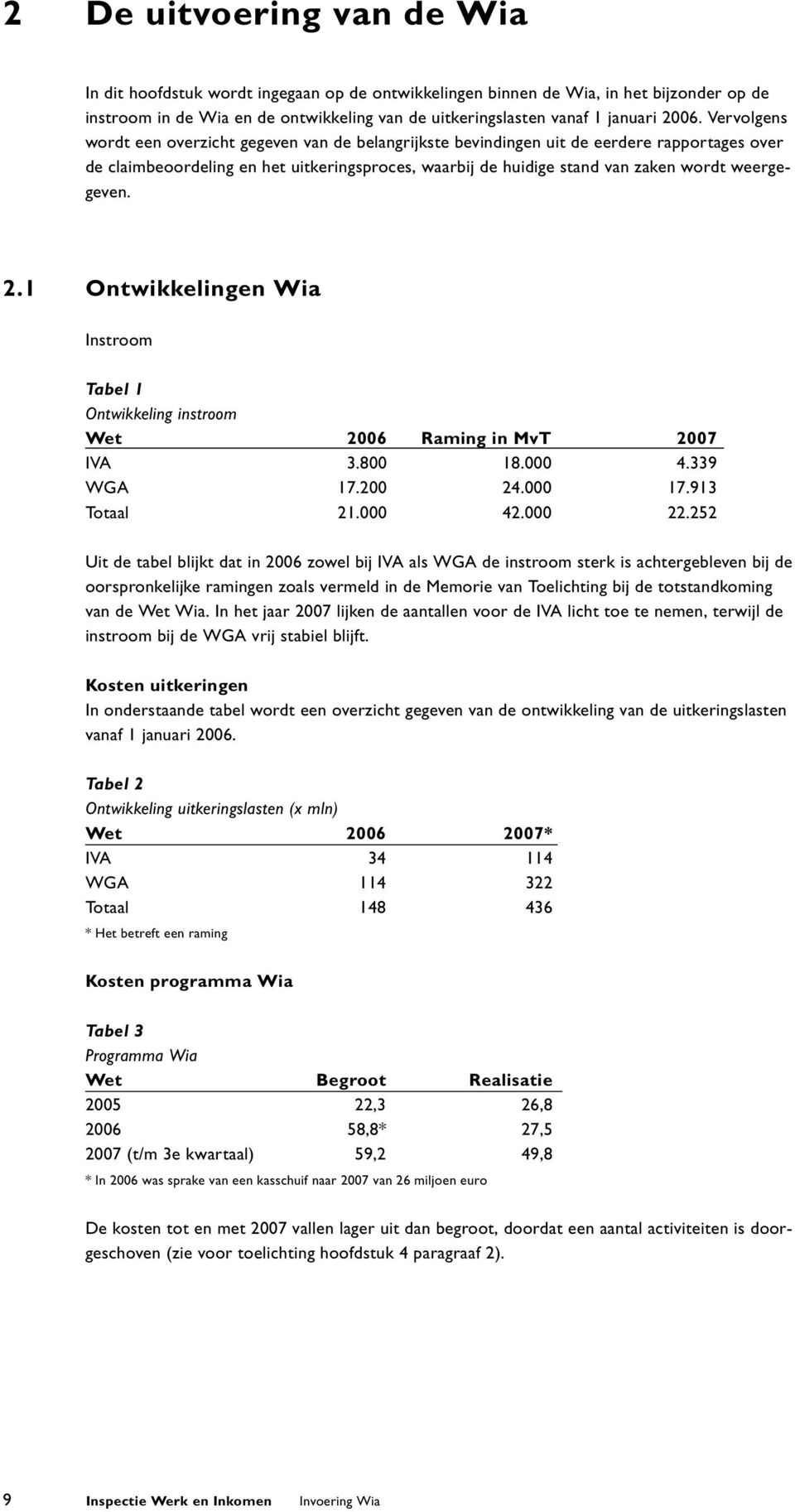 weergegeven. 2.1 Ontwikkelingen Wia Instroom Tabel 1 Ontwikkeling instroom Wet 2006 Raming in MvT 2007 IVA 3.800 18.000 4.339 WGA 17.200 24.000 17.913 Totaal 21.000 42.000 22.