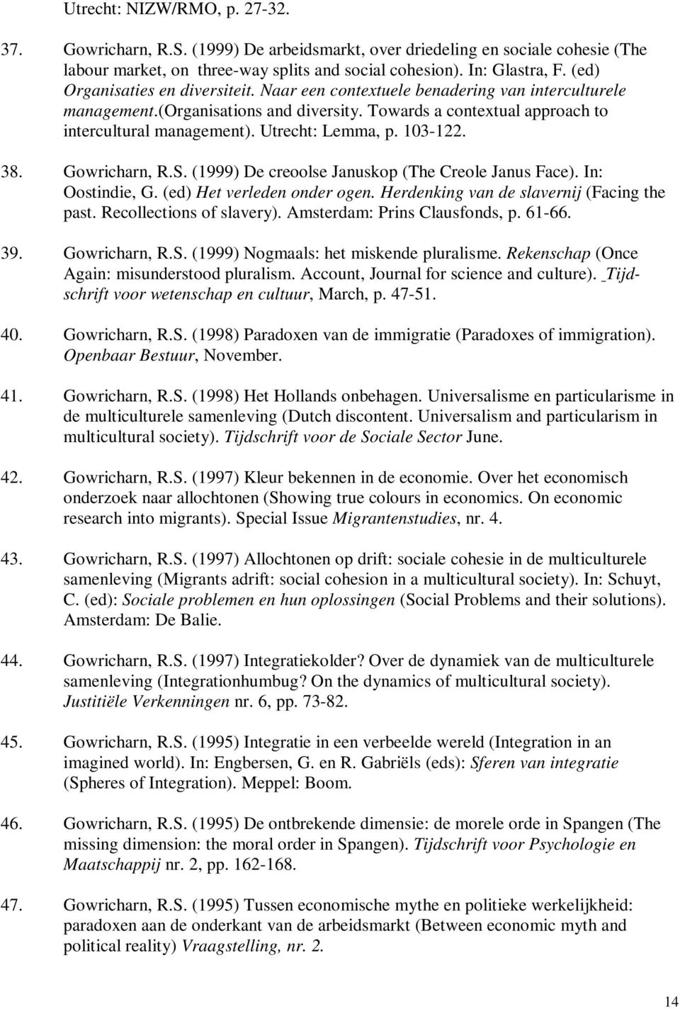 Utrecht: Lemma, p. 103-122. 38. Gowricharn, R.S. (1999) De creoolse Januskop (The Creole Janus Face). In: Oostindie, G. (ed) Het verleden onder ogen. Herdenking van de slavernij (Facing the past.