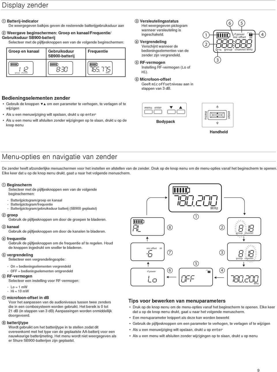 4 Vergrendeing Verschijnt wanneer de bedieningseementen van de zender zijn vergrended. 5 RF-vermogen nsteing RF-vermogen (Lo of Hi).