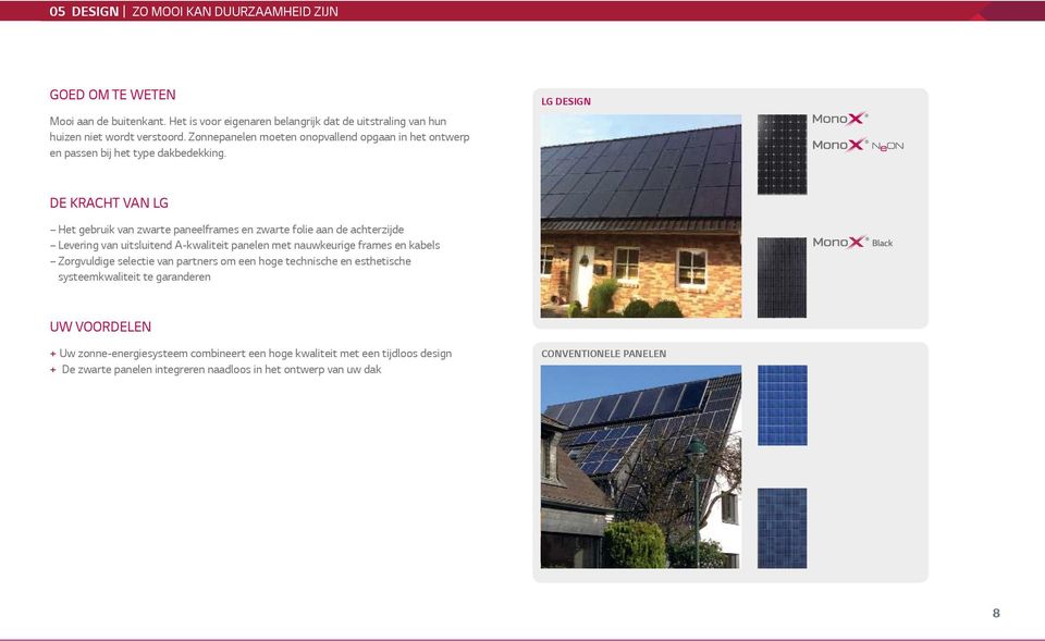 LG DESIGN Het gebruik van zwarte paneelframes en zwarte folie aan de achterzijde Levering van uitsluitend A-kwaliteit panelen met nauwkeurige frames en kabels