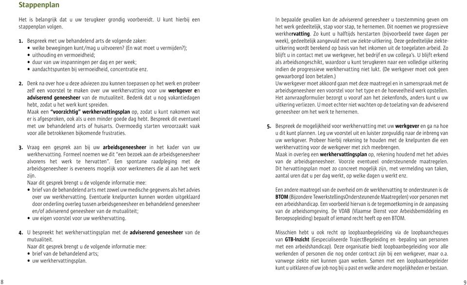 ); uithouding en vermoeidheid; duur van uw inspanningen per dag en per week; aandachtspunten bij vermoeidheid, concentratie enz. 2.