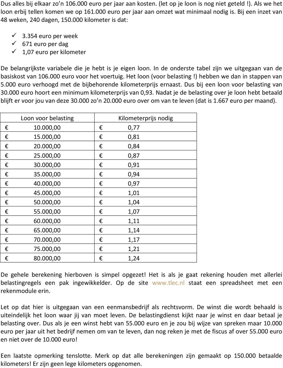In de onderste tabel zijn we uitgegaan van de basiskost van 106.000 euro voor het voertuig. Het loon (voor belasting!) hebben we dan in stappen van 5.