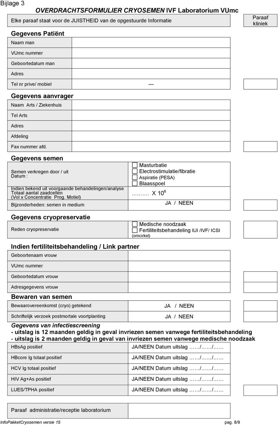 Gegevens semen Semen verkregen door / uit Datum : Indien bekend uit voorgaande behandelingen/analyse Totaal aantal zaadcellen (Vol x Concentratie Prog.