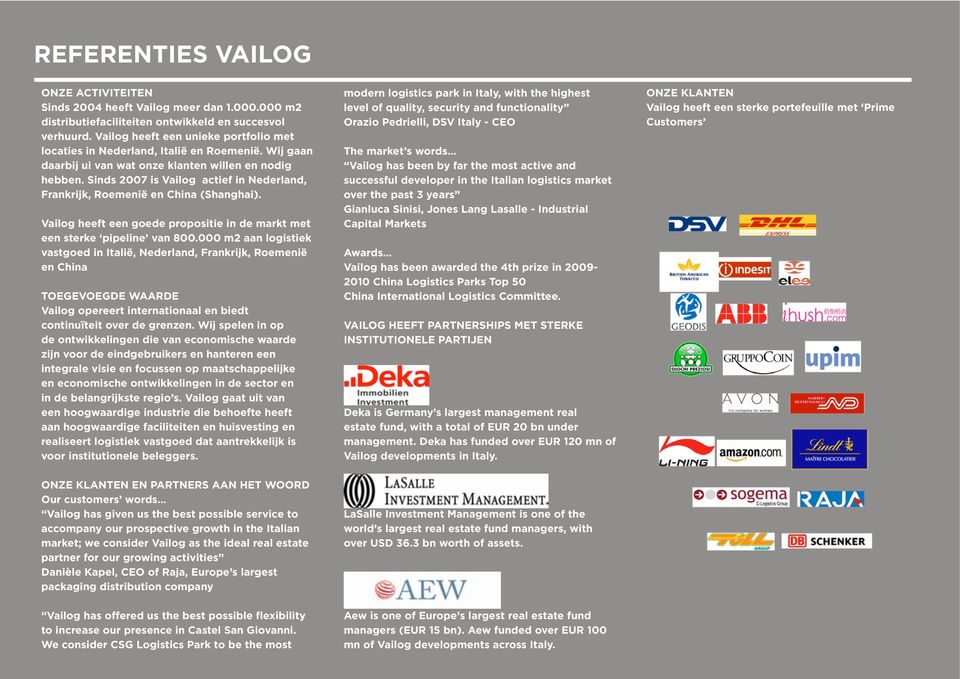 Sinds 2007 is Vailog actief in Nederland, Frankrijk, Roemenië en China (Shanghai). Vailog heeft een goede propositie in de markt met een sterke pipeline van 800.