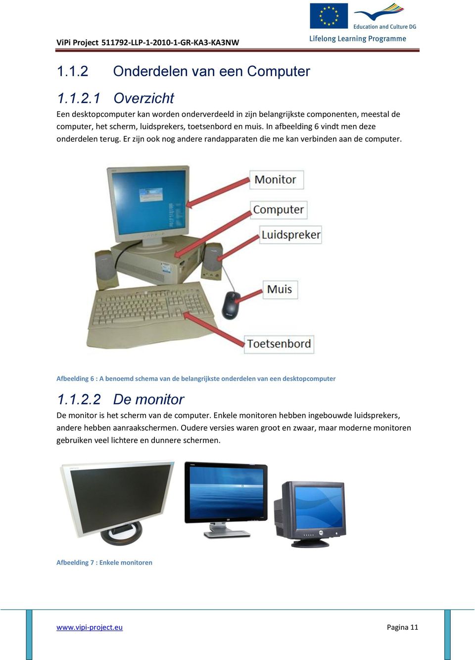 Afbeelding 6 : A benoemd schema van de belangrijkste onderdelen van een desktopcomputer 1.1.2.2 De monitor De monitor is het scherm van de computer.