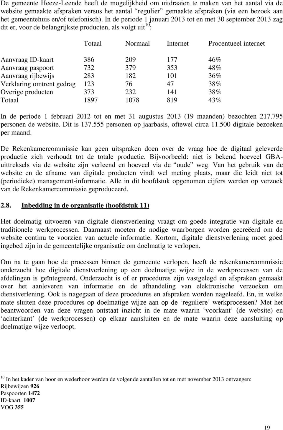 In de periode 1 januari 2013 tot en met 30 september 2013 zag dit er, voor de belangrijkste producten, als volgt uit 10 : Totaal Normaal Internet Procentueel internet Aanvraag ID-kaart 386 209 177