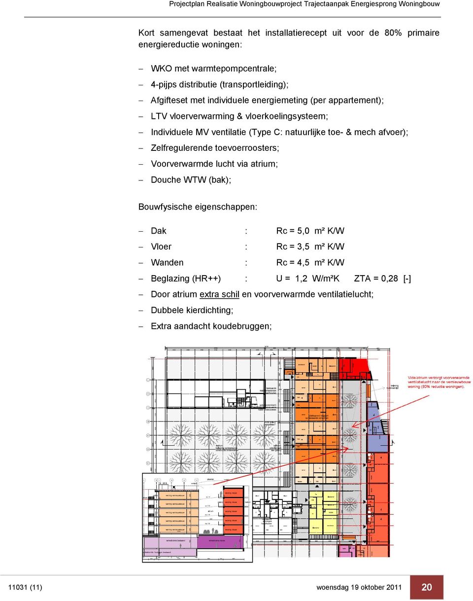 toevoerroosters; Voorverwarmde lucht via atrium; Douche WTW (bak); Bouwfysische eigenschappen: Dak : Rc = 5,0 m² K/W Vloer : Rc = 3,5 m² K/W Wanden : Rc = 4,5 m² K/W Beglazing