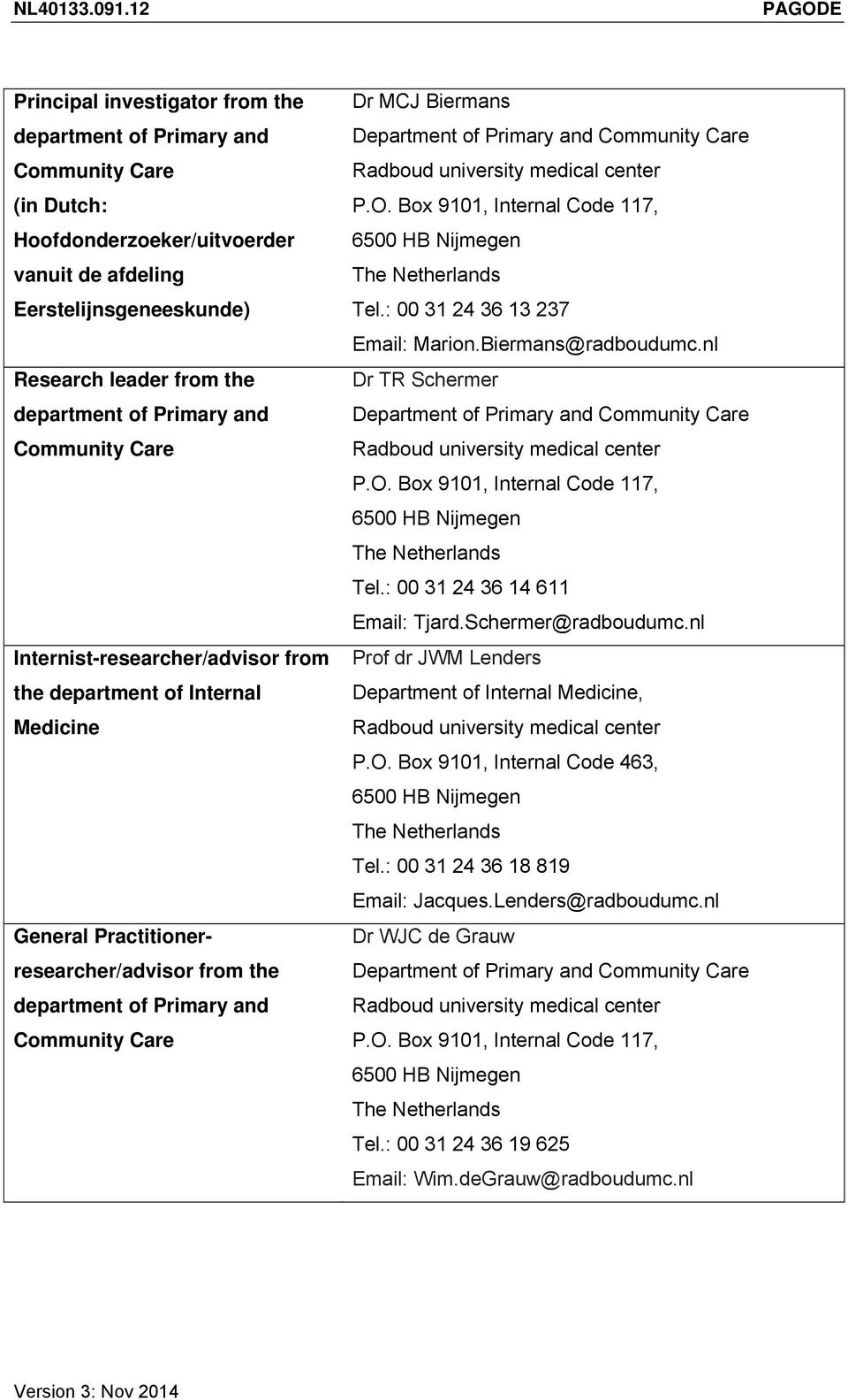 department of Primary and Community Care Internist-researcher/advisor from the department of Internal Medicine General Practitionerresearcher/advisor from the department of Primary and Community Care