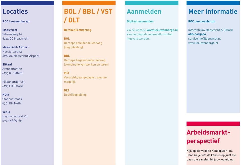 Beroeps begeleidende leerweg (combinatie van werken en leren) VST Versnelde/aangepaste trajecten mogelijk DLT Deeltijdopleiding Via de website www.leeuwenborgh.