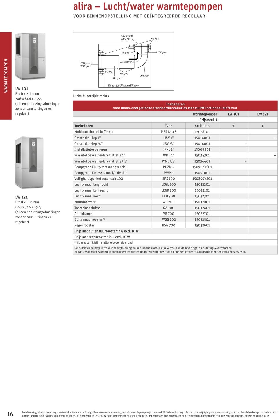 700 Toebehoren voor mono-energetische standaardinstallaties met multifunctioneel buffervat Warmtepompen LW 101 LW 121 Toebehoren Type Artikelnr.