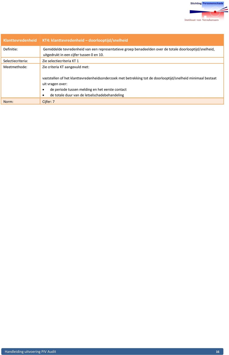 Zie criteria KT aangevuld met: Norm: Cijfer: 7 vaststellen of het klanttevredenheidsonderzoek met betrekking tot de doorlooptijd/snelheid