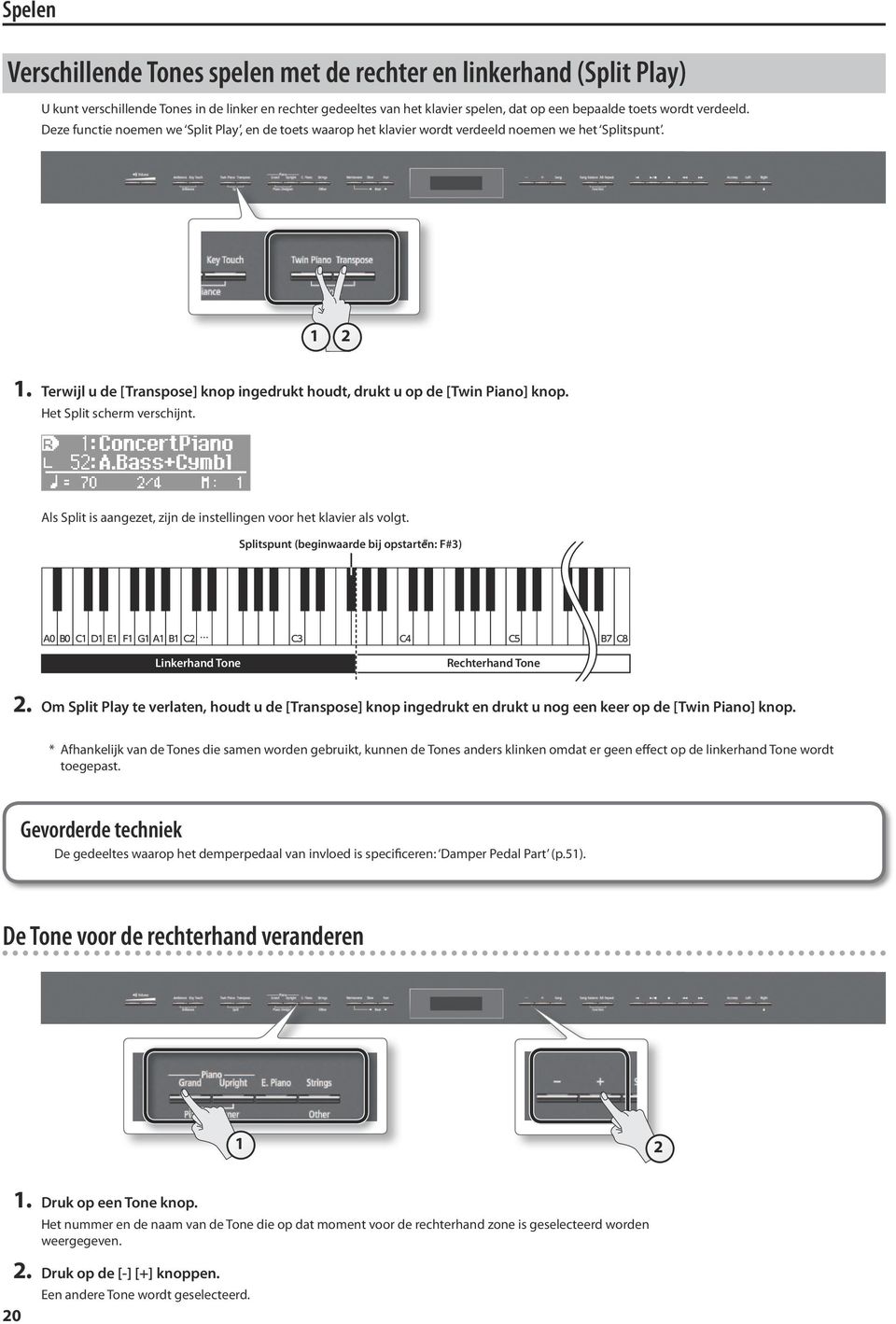 Terwijl u de [Transpose] knop ingedrukt houdt, drukt u op de [Twin Piano] knop. Het Split scherm verschijnt. Als Split is aangezet, zijn de instellingen voor het klavier als volgt.