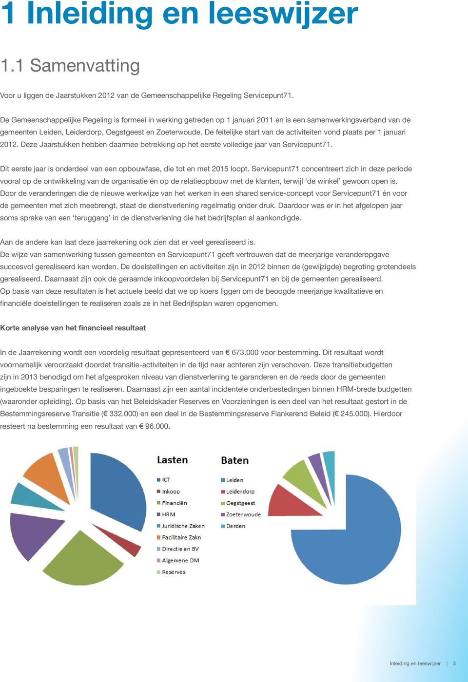 De feitelijke start van de activiteiten vond plaats per 1 januari 2012. Deze Jaarstukken hebben daarmee betrekking op het eerste volledige jaar van Servicepunt71.