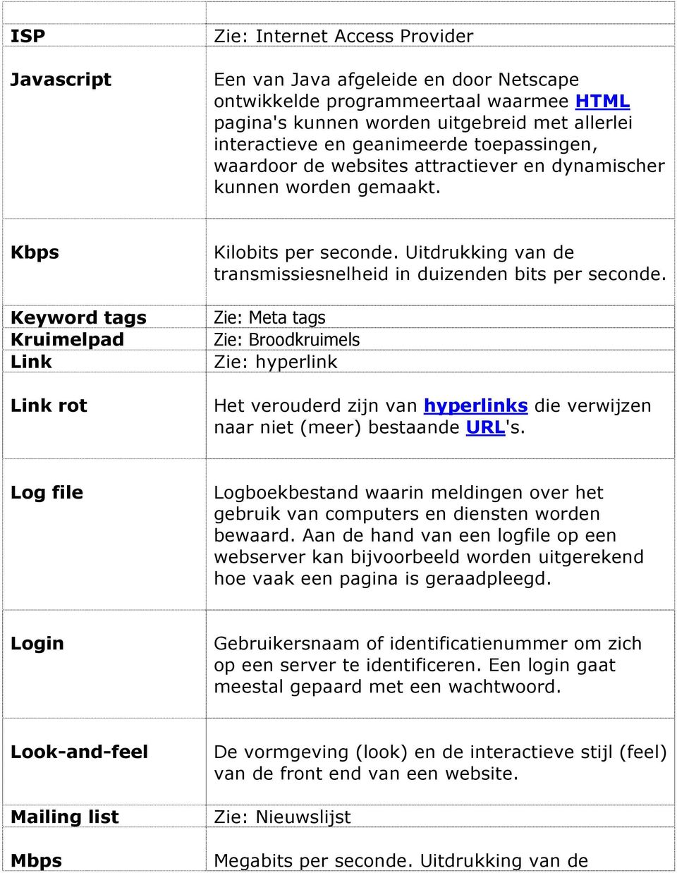 Uitdrukking van de transmissiesnelheid in duizenden bits per seconde. Zie: Meta tags Zie: Broodkruimels Zie: hyperlink Het verouderd zijn van hyperlinks die verwijzen naar niet (meer) bestaande URL's.