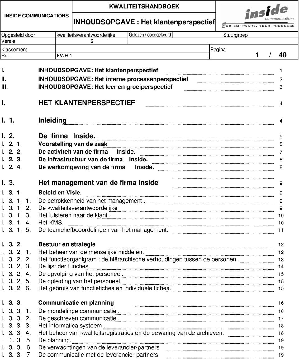 2. 2. De activiteit van de firma Inside. I. 2.. De infrastructuur van de firma Inside. I. 2. 4. De werkomgeving van de firma Inside. I.. Het management van de firma Inside I.. 1.