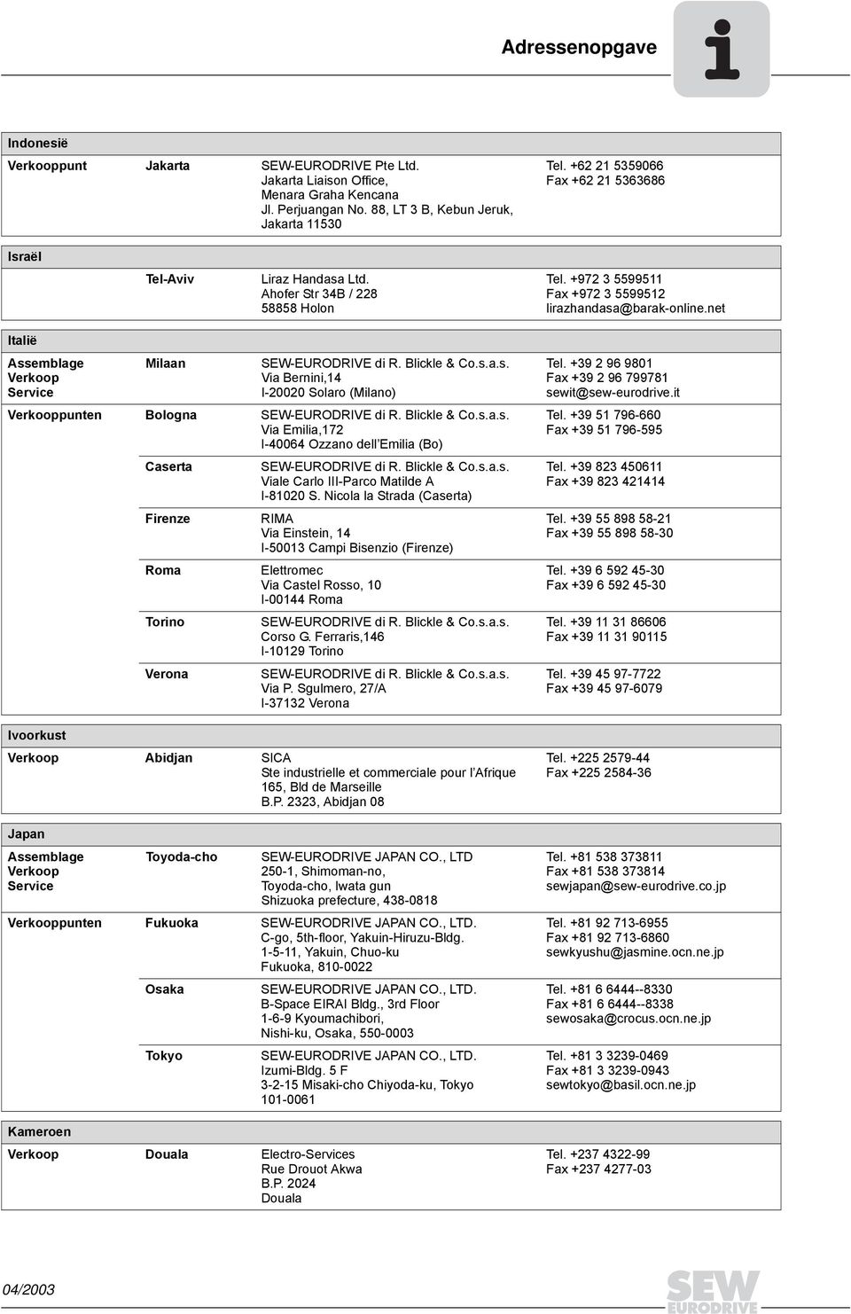 net Italië Milaan SEW-EURODRIVE di R. Blickle & Co.s.a.s. Via Bernini,14 I-20020 Solaro (Milano) punten Bologna SEW-EURODRIVE di R. Blickle & Co.s.a.s. Via Emilia,172 I-40064 Ozzano dell Emilia (Bo) Caserta Firenze Roma Torino Verona SEW-EURODRIVE di R.