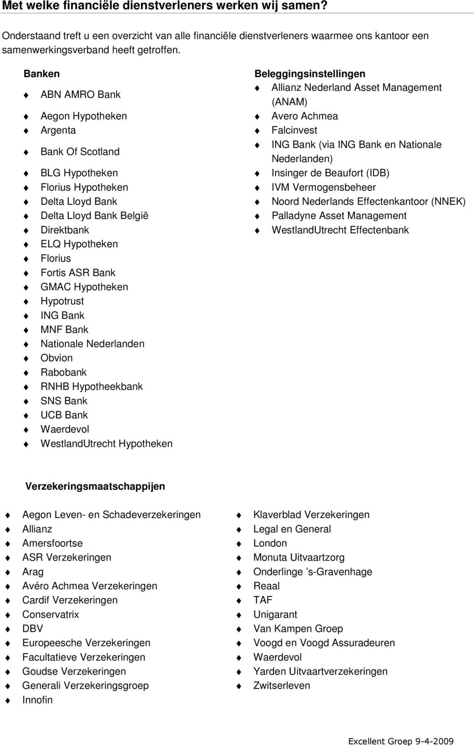 Nederlanden) BLG Hypotheken Insinger de Beaufort (IDB) Florius Hypotheken IVM Vermogensbeheer Delta Lloyd Bank Noord Nederlands Effectenkantoor (NNEK) Delta Lloyd Bank België Palladyne Asset