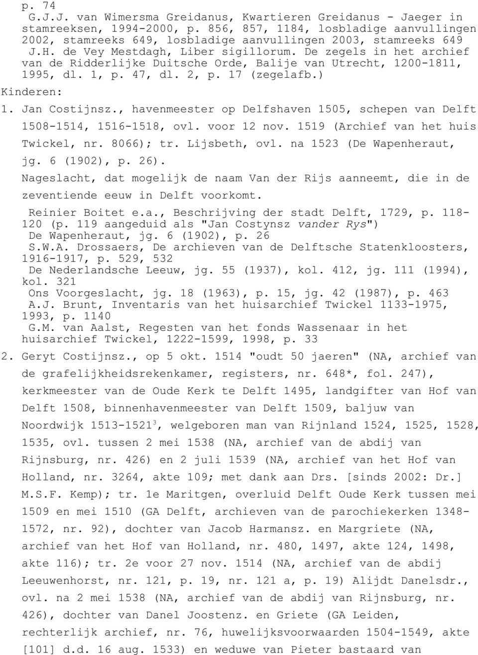 De zegels in het archief van de Ridderlijke Duitsche Orde, Balije van Utrecht, 1200-1811, 1995, dl. 1, p. 47, dl. 2, p. 17 (zegelafb.) Kinderen: 1. Jan Costijnsz.