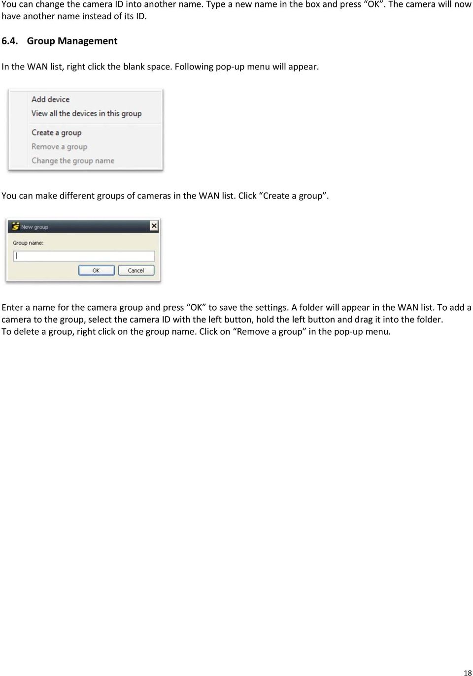 Click Create a group. Enter a name for the camera group and press OK to save the settings. A folder will appear in the WAN list.