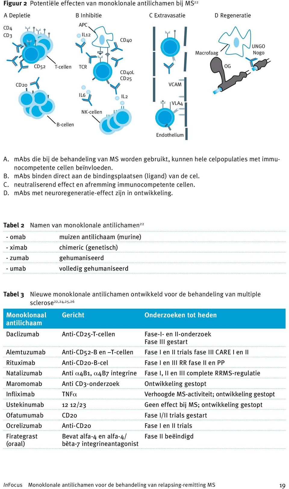 C. neutraliserend effect en afremming immunocompetente cellen. D. mabs met neuroregeneratie-effect zijn in ontwikkeling.