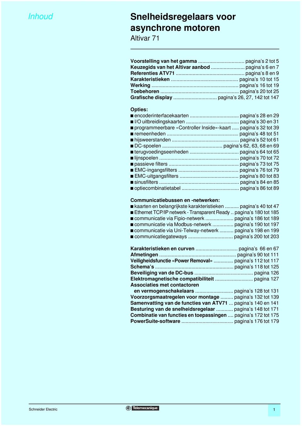 .. pagina s 28 en 29 c I/O uitbreidingskaarten... pagina s 3 en 31 c programmeerbare «Controller Inside»-kaart... pagina s 32 tot 39 c remeenheden... pagina s 48 tot 51 c hijsweerstanden.