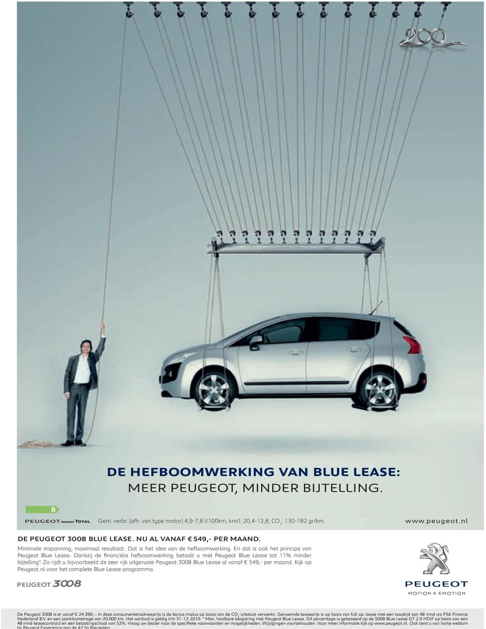 Dankzij de financiële hefboomwerking betaalt u met Peugeot Blue Lease tot 11% minder bijtelling*. Zo rijdt u bijvoorbeeld de zeer rijk uitgeruste Peugeot 3008 Blue Lease al vanaf 549,- per maand.