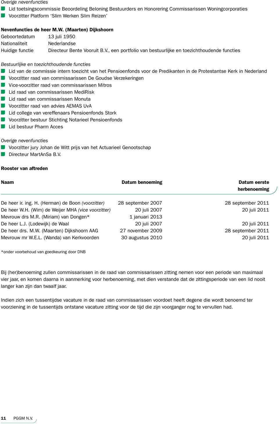 V., een portfolio van bestuurlijke en toezichthoudende functies Bestuurlijke en toezichthoudende functies Lid van de commissie intern toezicht van het Pensioenfonds voor de Predikanten in de