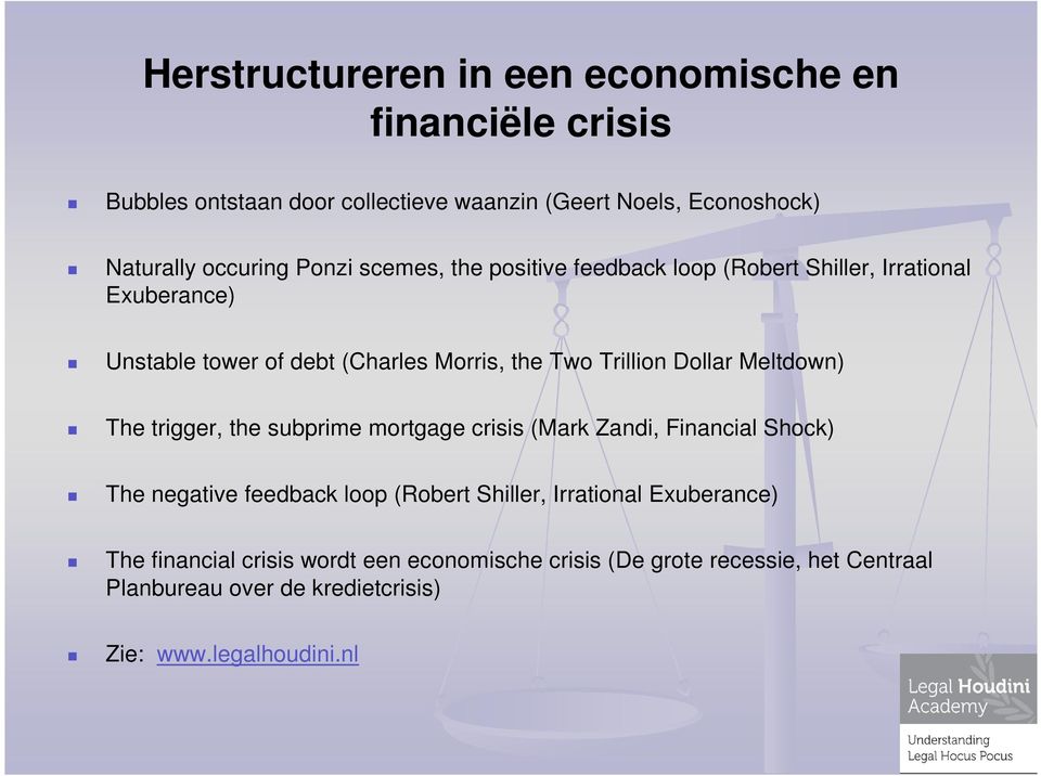 Meltdown) The trigger, the subprime mortgage crisis (Mark Zandi, Financial Shock) The negative feedback loop (Robert Shiller, Irrational