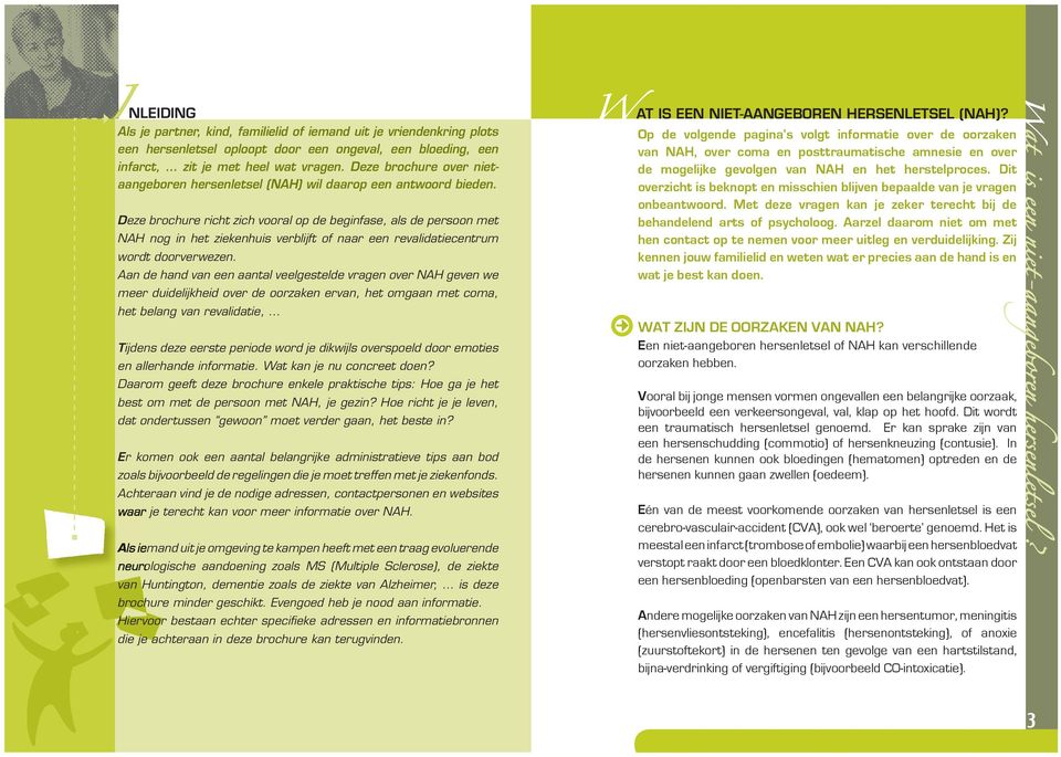 Deze brochure richt zich vooral op de beginfase, als de persoon met NAH nog in het ziekenhuis verblijft of naar een revalidatiecentrum wordt doorverwezen.