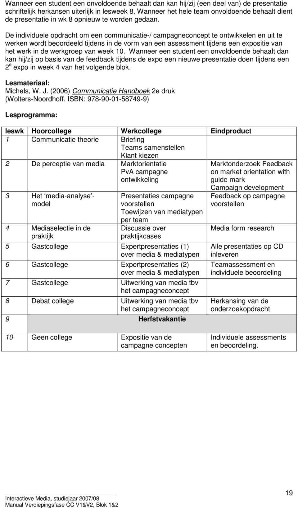 De individuele opdracht om een communicatie-/ campagneconcept te ontwikkelen en uit te werken wordt beoordeeld tijdens in de vorm van een assessment tijdens een expositie van het werk in de werkgroep